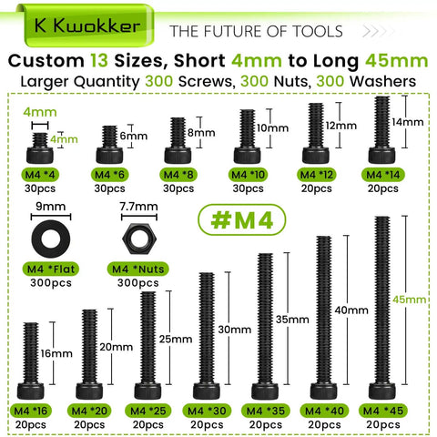 Chart showing All In One 900 Piece M4 Nuts Bolts And Washers Set 4mm to 45mm with hex socket head screws and washers.