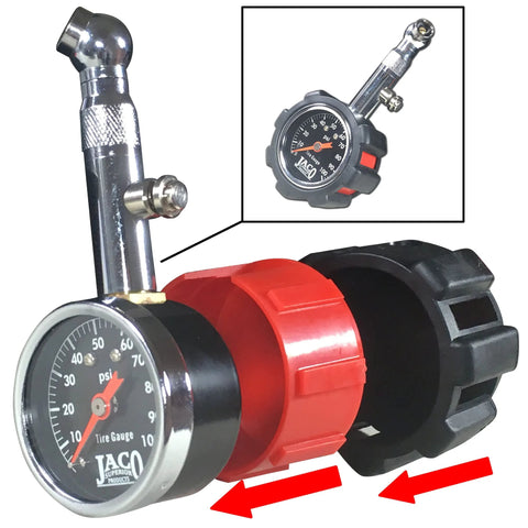 JACO Deluxe Tire Pressure Gauge - 100 PSI, automotive tool with metal air chuck and red knob