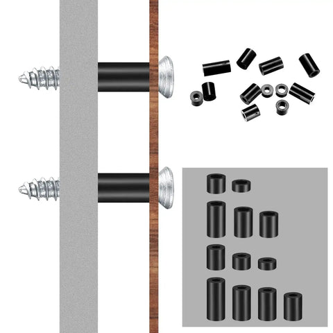 400 Pack Nylon Electrical Outlet Spacers shown installed with screws on panel, featuring ABS round spacers and variety of black sizes.