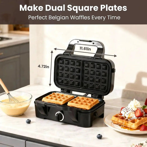 Three In One Waffle Maker With Removable Plates For Waffles Sandwiches And Pancakes shown on kitchen counter with waffles