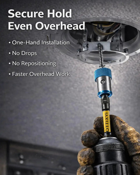 6 Piece Magnetic Screwdriver Head Ring Set For Drill And Impact Driver, S2 Steel Double Ended PH1 PH2 PH3 Bits, shown in use overhead