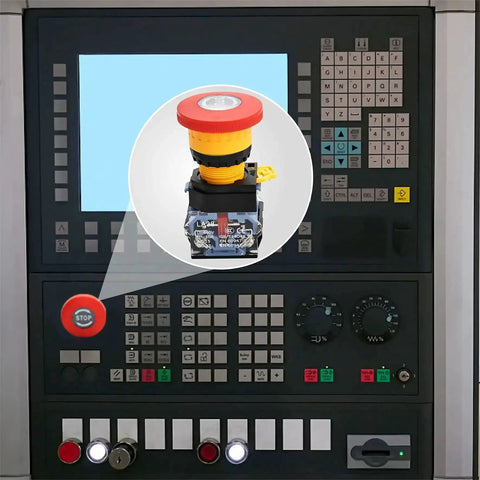 22mm Red Emergency Stop Push Button Switch With Mushroom Head Stop Signal 1NO1NC 600V 10A on a control panel