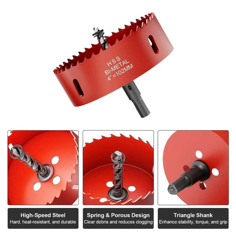 4 Inch Bi Metal Hole Saw With Pilot Drill Bit M42 High Speed Steel, red color, showing teeth, triangle shank, front view.
