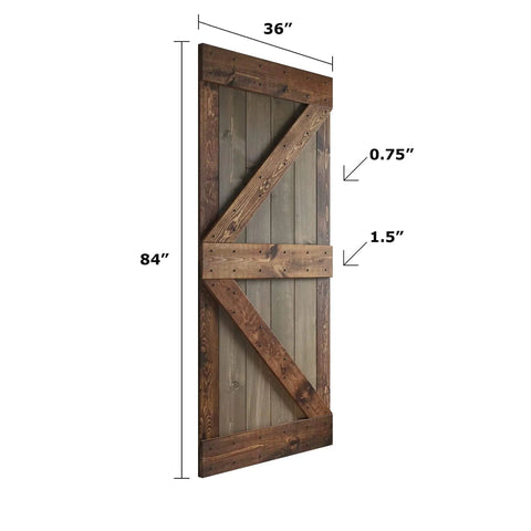Side view of 36-Inch By 84-Inch K Series Multi Color Knotty Pine Sliding Barn Door With Hardware Kit Smoky Gray Kona Coffee Finish.
