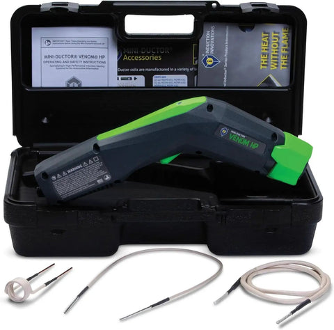 Venom HP Mini Ductor Induction Heater For Rusted Fasteners And Bearings With 3 Coils, Rugged Carry Case, And Manual in view.