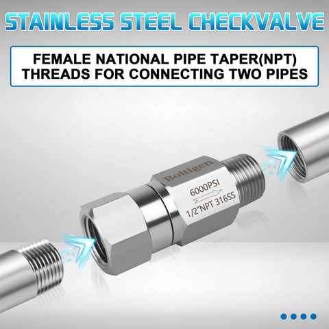Boltigen inline ball check valve, 1/2 NPT, stainless steel 316SS, 6000 PSI.