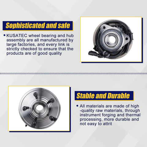 Front Wheel Bearing And Hub Assembly 2 Piece Set Fits Ford Explorer 2002-2005, Lincoln Aviator 2003-2005, Mercury Mountaineer 2002-2005 With ABS, 5 Lug Bolts, Direct Replacement, Ready To Roll, Durable Performance For Smooth Rides showcased in promotional image highlighting durability and manufacturing quality.