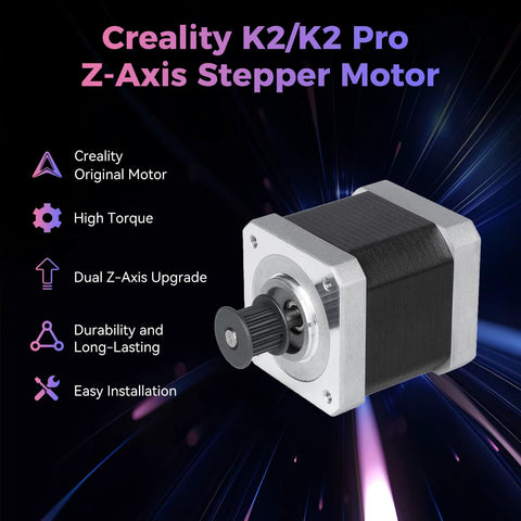 Creality K2/K2 Pro Z-axis stepper motor, black body with silver mounting, original Creality unit, high-torque 1.8° step angle
