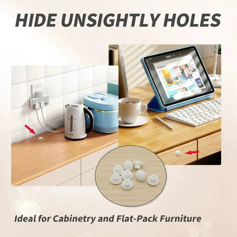 500 Pieces Plastic Hole Plugs Set For Three Sixteenth Inch Holes White Round Button Caps For Cabinets Cupboards And Shelves Screw Caps Drilling Cover Plugs With Secure Fit And Transparent Storage Box Included shown in use on kitchen counter and desk