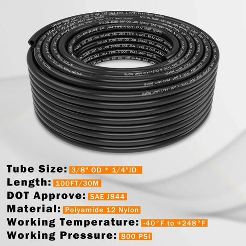 All In One Three Eighths Brass DOT Air Fittings Kit With One Hundred Foot Black Air Line Hose Quick Connects For Semi Trucks