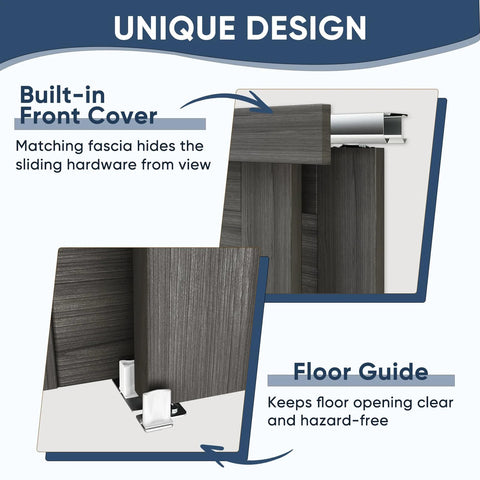 Double K Shape Sliding Closet Door 48 By 80 Inches With Hardware Kit And Matching Fascia, Solid Wood Slab With Waterproof And Scratch Resistant PVC Surface, Gray, showing fascia and floor guide details.