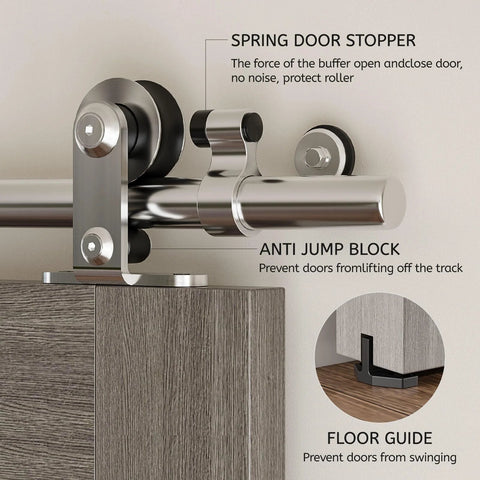 Close-up of Beefed Up Stainless Steel Sliding Track Barn Door Hardware Kit For Double Doors Heavy Duty 13 Ft Long Track 220 Lb Capacity Smooth Quiet Rollers Anti Rust Corrosion Resistant System showing roller and stopper features.