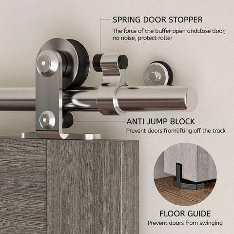 Heavy Duty Stainless Steel Double Sliding Track Barn Door Hardware Kit, 6.6 Foot Rail System with quiet smooth rollers close-up