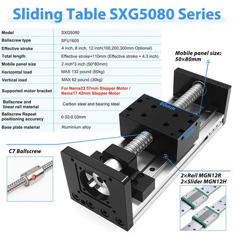 Dual Rail Linear Stage Table With Heavy Duty 12 Inch Stroke SFU1605 Ballscrew 300mm Travel 50x80mm Work Surface Electric Precision