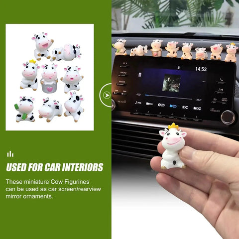 8 Pcs Cute Cow Car Dashboard Ornaments Set For Interior Decor displayed on car dash with one held in hand