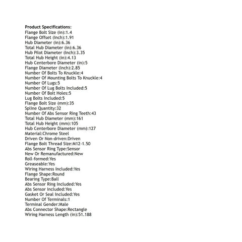 Specifications list for Dodge Journey Front Hub Bearing Assembly 2009 To 2020 5 Lug With ABS Sensor 512478