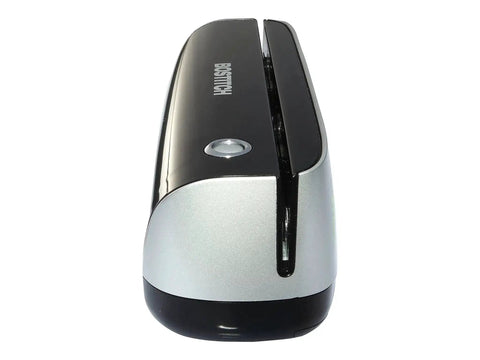 Front view of Workhorse Electric 3-Hole Punch For Office, AC Or Battery Power, 12 Sheet Capacity, black durable steel punch heads.
