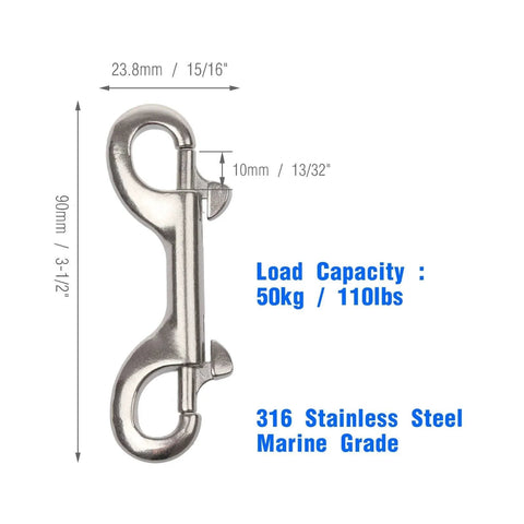 Double Ended Bolt Snap Hooks 3-1/2 Inch Marine Grade 316 Stainless Steel Scuba Diving Clips 50 kg Capacity with Measurements