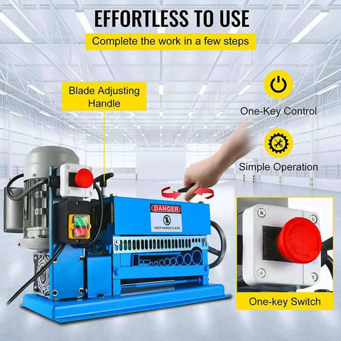 Automatic Electric Wire Stripper With 370W Motor Beast Workhorse, blue machine with blade adjusting handle and one-key switch in use.