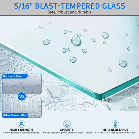 Close-up of 5/16 inch blast-tempered safety glass with water resistance comparison, highlighting durability and strength features.