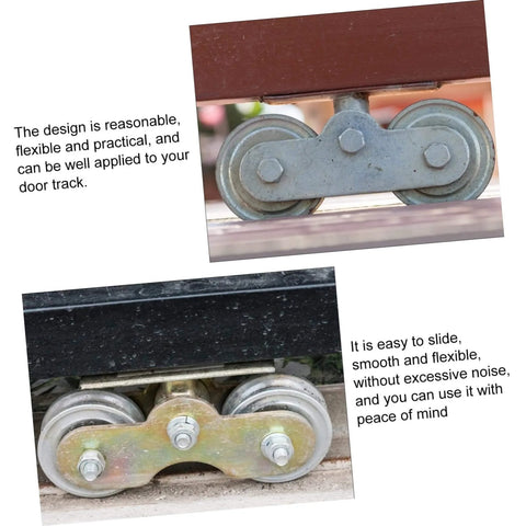 Close-up of heavy duty galvanized door roller pulley for sliding doors, showing two track wheels in industrial use setup.
