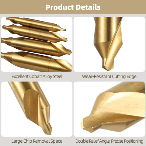 Pro Grade Center Drill Bit Set 7 Piece M35 Cobalt HSS With Titanium Coating A Type Double Angle For Lathe Setup And Metal Drilling 1.0 To 5.0 Mm Joyoolife showing multiple detailed views including the edge, chip removal, and angle features.