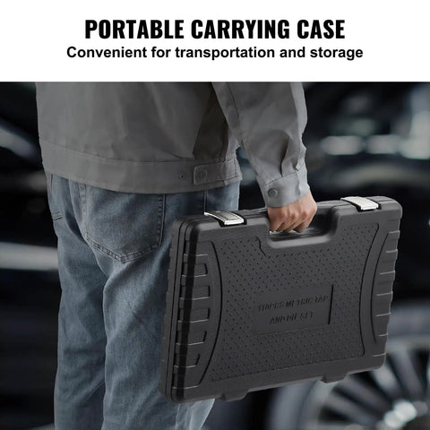 Person carrying storage case for Pro Grade 110-Piece Tap and Die Set with Metric Sizes M2 to M18, Bearing Steel Taps and Dies