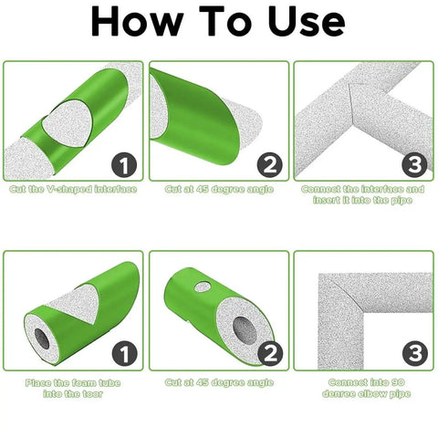 Multi Size Pipe Insulation Cutting Guide Kit With Molded Foam Cutter Tool Set For 15mm To 53mm Insulation Diameters Perfect For Home Industrial And Commercial Plumbing Jobs Includes Bonus 59 Inch Tape Measure Green demonstrating cutting steps for foam insulation pipes.