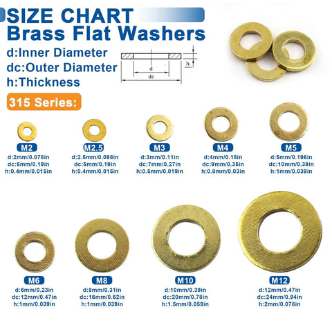 Size chart showing brass flat washers set with nine metric sizes M2 to M12; 315 Piece Brass Washer Set With Nine Metric Sizes M2 M2.5 M3 M4 M5 M6 M8 M10 M12 Flat Washers Pro Grade Assortment For Screws And Bolts High Temperature Resistant Excellent Electrical Conductivity Long Lasting Kit.