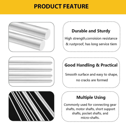 Product features of Rugged 6061 T6 Aluminum Round Rods Set, 15 Pieces, 1/8 Inch 3mm By 12 Inch 305mm Solid Shaft Bars For DIY Crafts Model Building CNC And Metalworking Projects Phiowocx with images and descriptions of durability, handling, and usage.