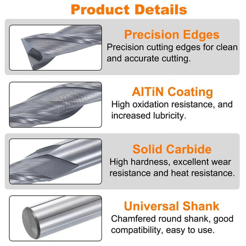 Spiral Router Bit For CNC Wood Carving And Engraving With Up Cut Two Flute Solid Carbide End Mill Quarter Inch Shank AlTiN Coated Harfington