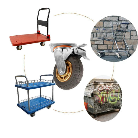 5 Inch Heavy Duty Caster Wheels Set Of 4 With Rubber Casters And Brakes displayed with carts, shopping trolleys, and bins.