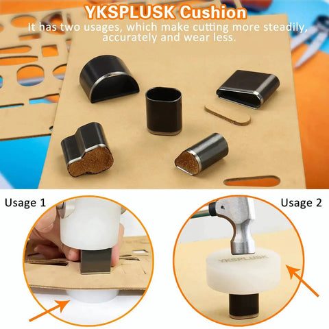 56 Piece Leather Hole Punch Set With Storage Case And Mat Includes Multiple Shapes For Belts Hollow Punch Cutter Tool For Handmade Diy Crafts Durable High Speed Steel Forging For Sharp Clean Cuts, featuring usage examples on leather mat.