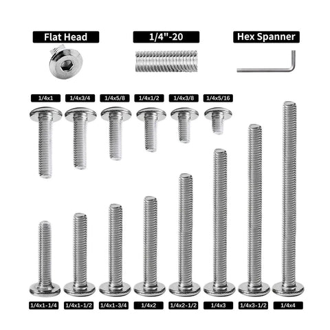 304 Stainless Steel 1/4-20 X 1 Flat Head Hex Socket Cap Screws Bolts 30 Pack with hex spanner and various sizes displayed