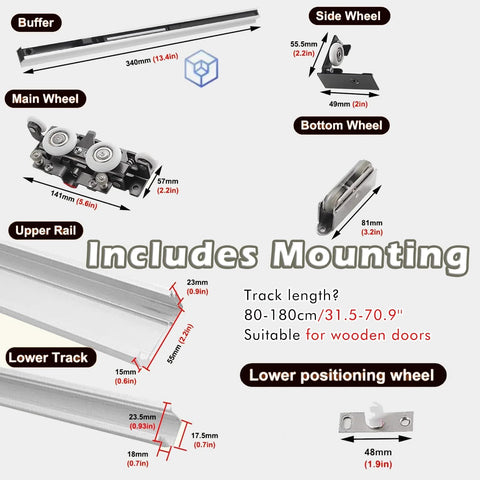 Components of Concealed Sliding Door Hardware Kit With Soft Close Mechanism And Hidden Rails, Trackless Design With Aluminum Alloy Rails
