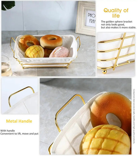 Gold Wire Serving Basket For Fruit And Bread with linen lining containing assorted buns