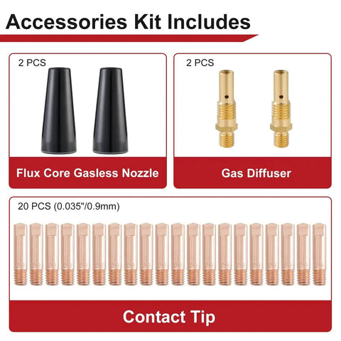 Flux Core Gasless MIG Welding Gun Kit With 24 Pieces Including 20 Tips, 2 Nozzles And 2 Diffusers, product accessories
