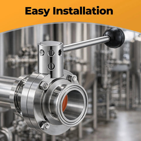 1.5 in sanitary stainless steel 304 butterfly valve with tri-clamp connection and pull handle, front view