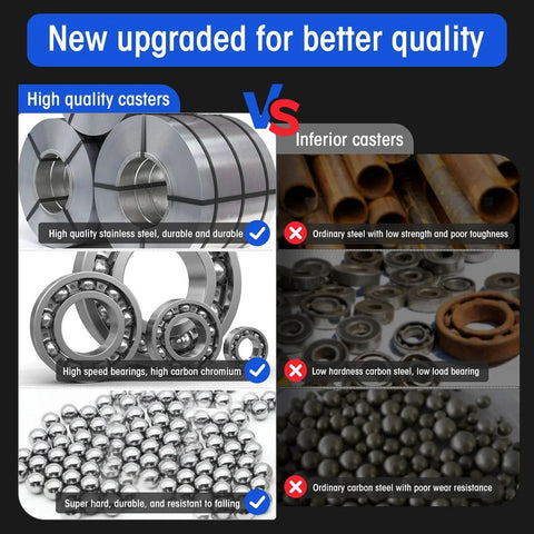 Comparison of high quality casters with stainless steel and bearings versus inferior steel casters for durability and strength.