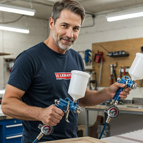 Man using spray guns with inline air regulator and flow control valve, pressure gauge visible, in a workshop setting