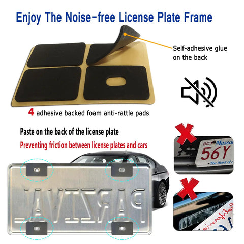 Self-adhesive foam anti-rattle pads for license plates, showing installation on car, reduce vibration and noise