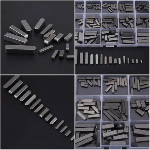 Stainless Steel Feather Key Set 140 Piece Keyway Kit For Flywheels Pulleys And Machinery Round Ended Shaft Keys In 8mm 10mm 12mm 16mm 20mm 25mm 30mm Rustproof Durable Fastening Hardware For DIY Projects Pro Shops And Heavy Duty Machines displayed in plastic box compartments and arranged on surfaces.