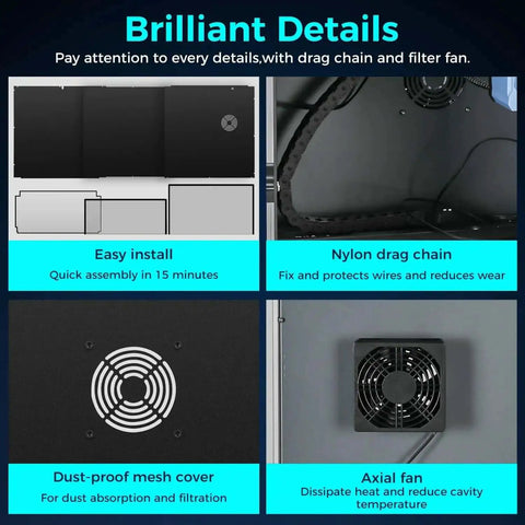 Metal And Tempered Glass Open Printer Enclosure detail with drag chain and filter fan for SV08 upgrade