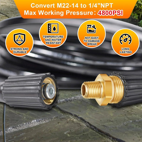 Brass High Pressure Washer Adapter One Quarter NPT Male To M22 Fourteen Millimeter Male Converter 4800 PSI Bridges One Quarter NPT And Metric Fittings Pressure Washer Extension For Easy Hose Connection, showing durable brass and black components.