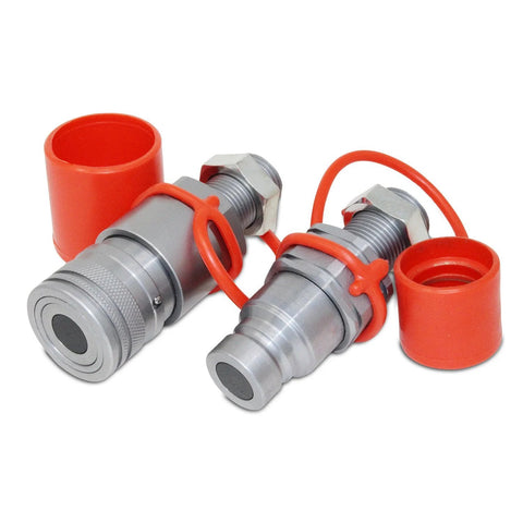 Hydraulic quick-connect couplers, 5/8 ORFS bulkhead skid-steer mounts, two silver fittings with orange caps