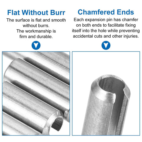 Close-up of Roll Pin Set 220 Piece Slotted Spring Pins 304 Stainless Steel Rust Resistant Heavy Duty with flat without burr and chamfered ends.