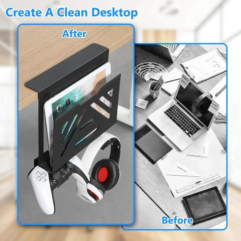 Before and after view of under desk laptop mount and side hanging file organizer showing office desk clutter reduction