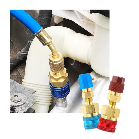 Ziciner R1234YF to R134A quick couplers kit: two brass high/low side adapters with blue and red caps for car AC charging