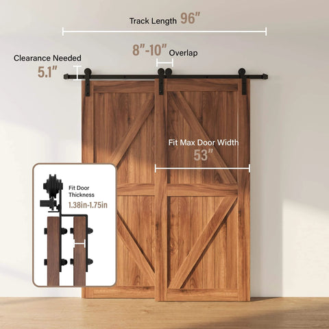Two wooden doors mounted with 8 Foot Single Track Bypass Sliding Barn Door Hardware Kit For Double Doors Low Ceiling Friendly with dimensions.