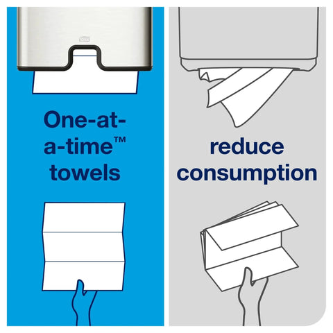Diagram showing 100 Percent Recycled Multifold Towels Compatible With H2 Dispensers 16 Packs promoting one-at-a-time dispensing.